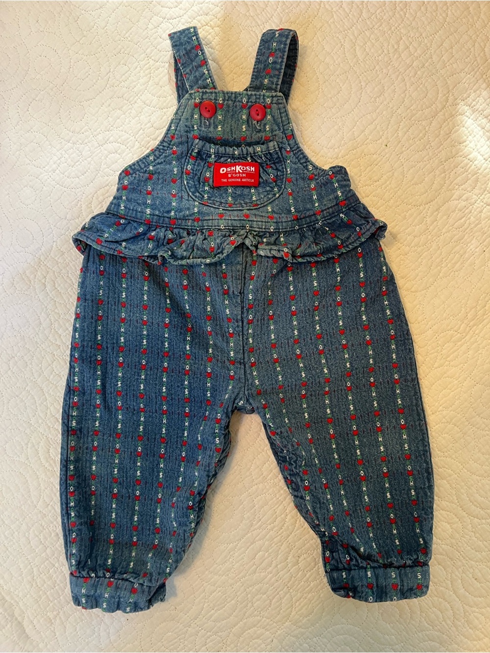 Vintage Oshkosh Logo Ruffle “Spell Out Heart” Overalls Size 12M